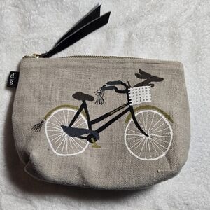 Danica Studio Beige Linen Bicycle Print Zipper Storage Pouch PUR Leather Lined